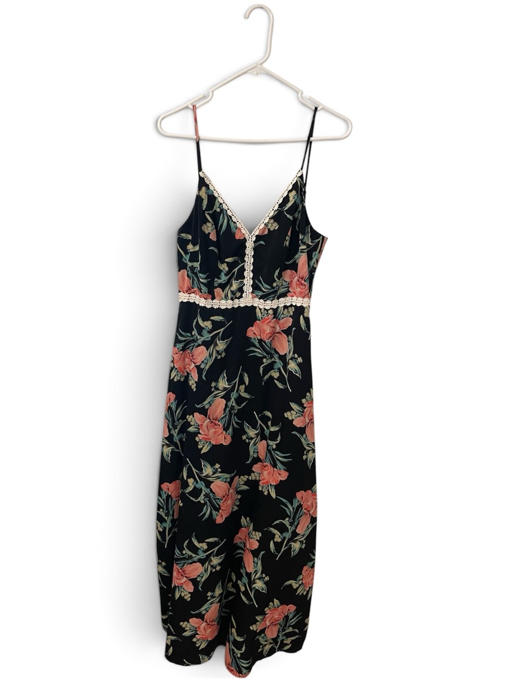 Floral Lace-Trim Black Slip Maxi Dress with Coral Blooms, Small
